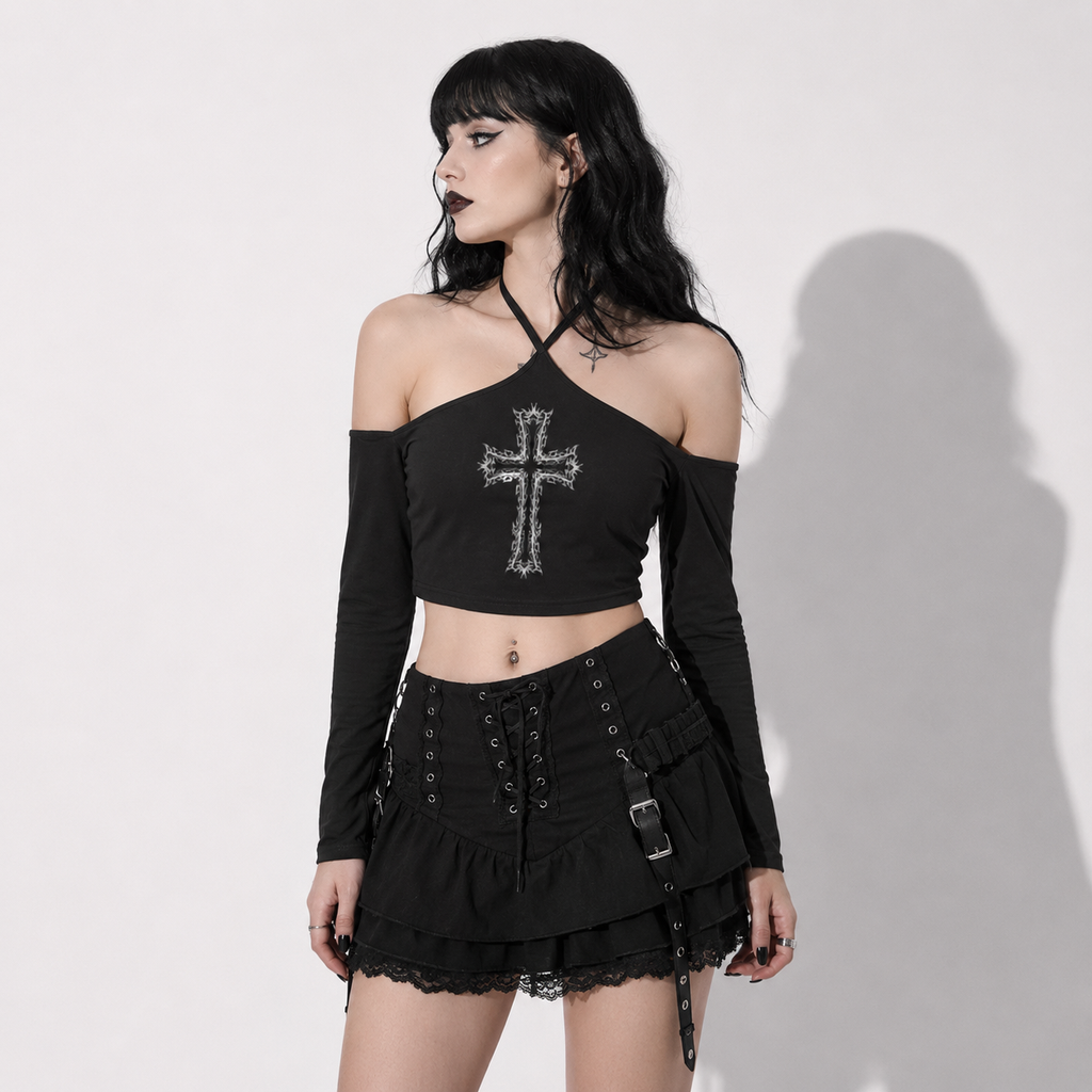 Gotisches Crop-Top Dark Fire Cross – schulterfreies Gothic-Top mit langen Ärmeln