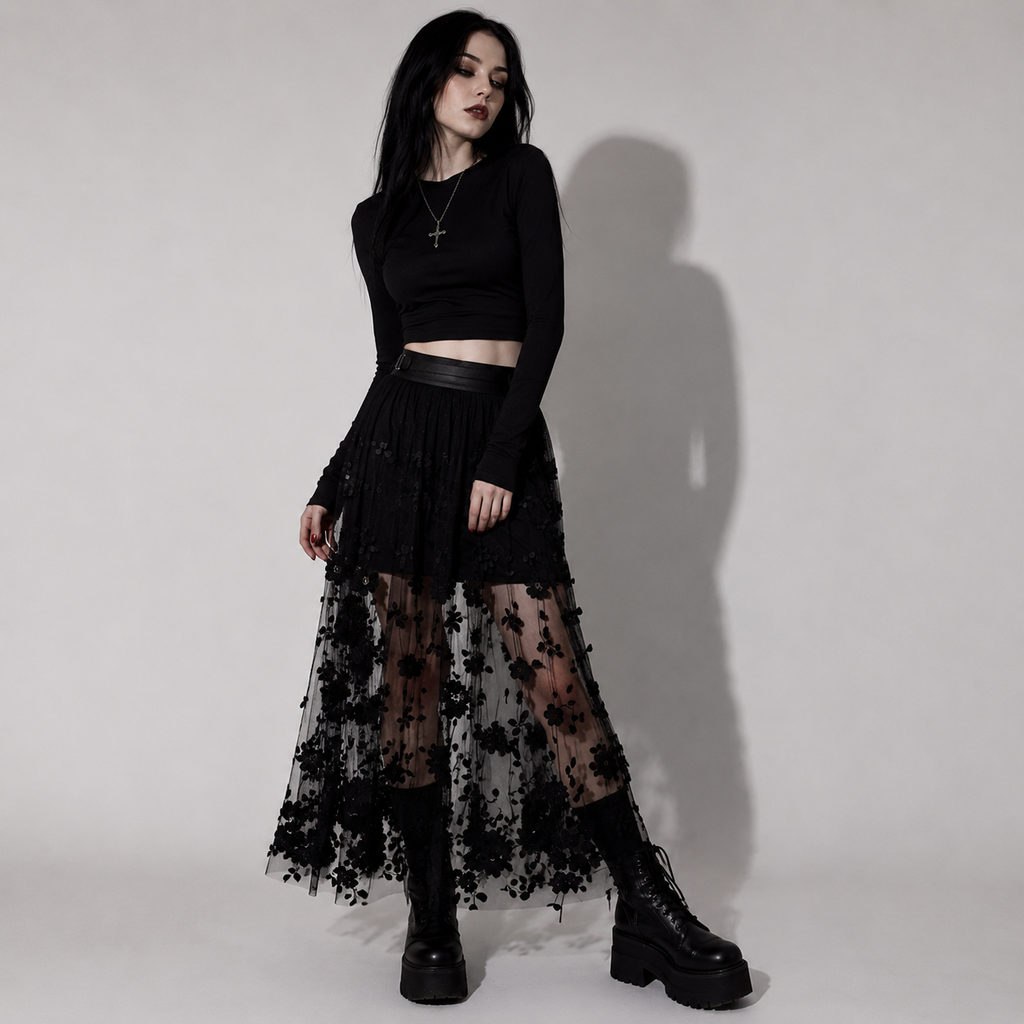 Gotischer Maxi-Rock aus Tüll mit Blumenstickerei | Schwarzer Gothic-Rock im Romantic- & Dark-Elegance-Stil