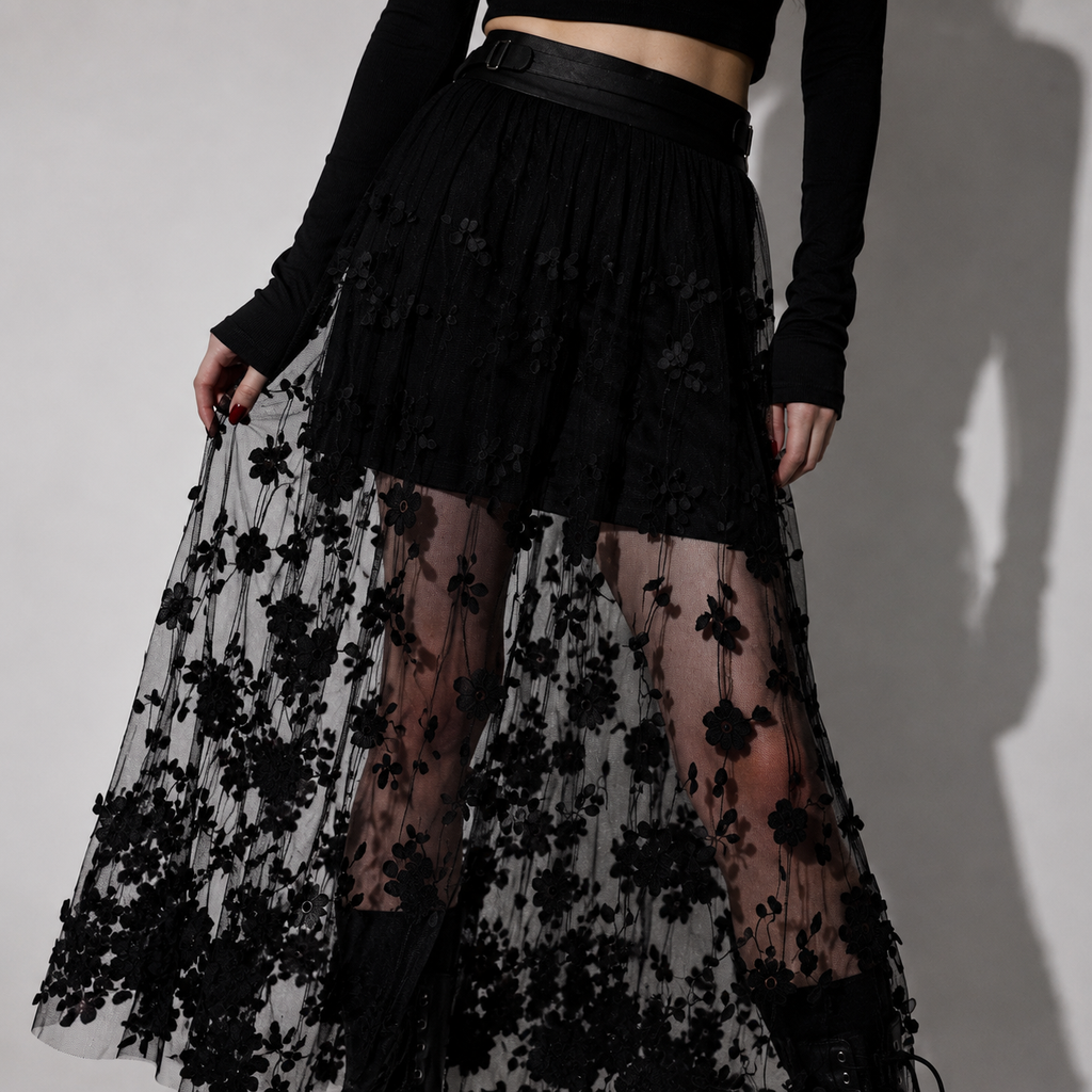 Gotischer Maxi-Rock aus Tüll mit Blumenstickerei | Schwarzer Gothic-Rock im Romantic- & Dark-Elegance-Stil