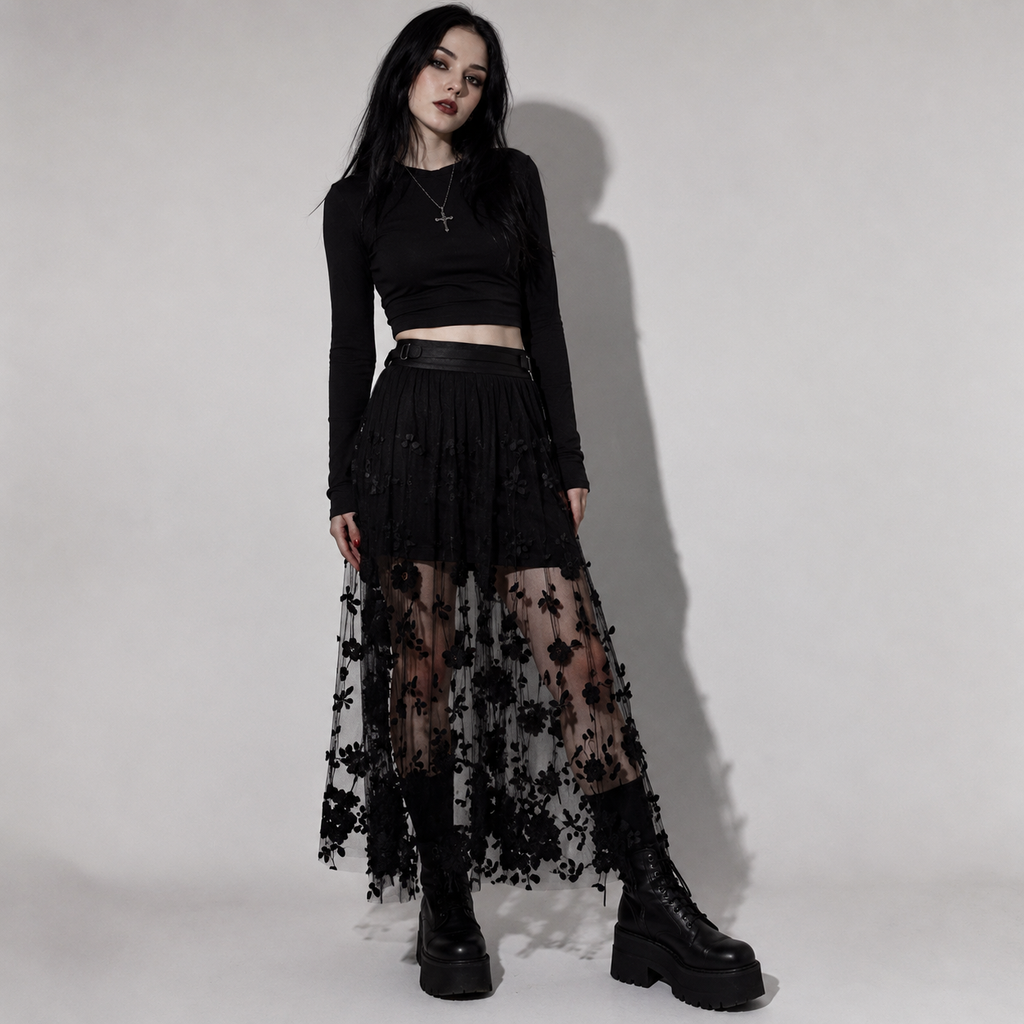Gotischer Maxi-Rock aus Tüll mit Blumenstickerei | Schwarzer Gothic-Rock im Romantic- & Dark-Elegance-Stil