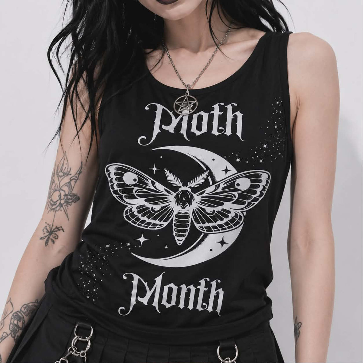Gotisches Damen-Tanktop Moon Moth | Dark Romantic Goth Top mit Mond und Fledermäusen
