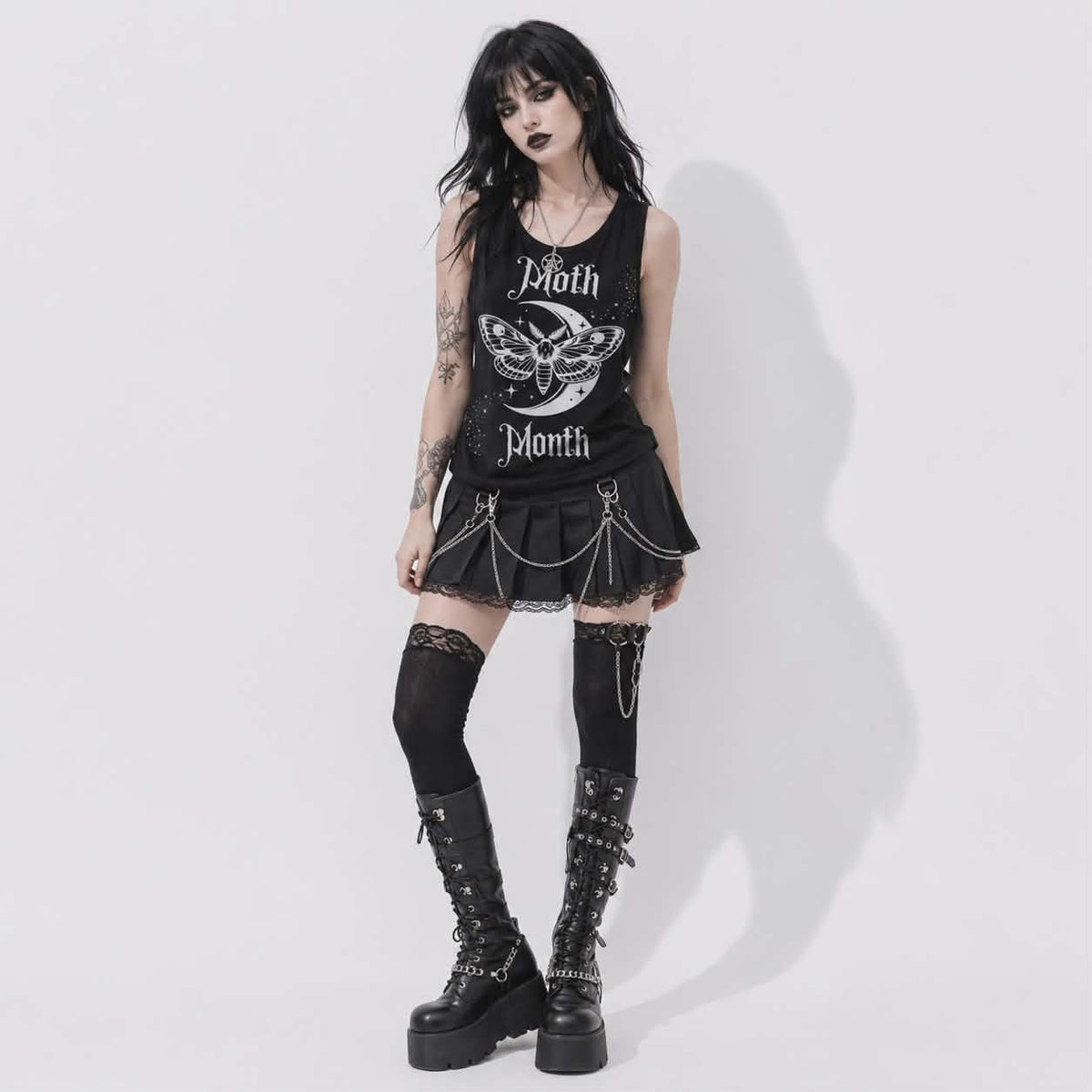 Gotisches Damen-Tanktop Moon Moth | Dark Romantic Goth Top mit Mond und Fledermäusen