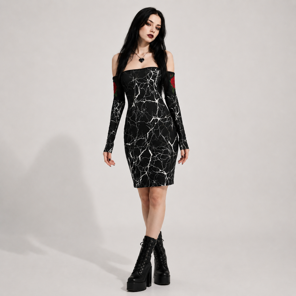 Gotisches Bodycon-Kleid Dark Marble Rose mit Schnürung | Gothic-Kleid mit schulterfreiem Schnitt und Schnürung am Rücken