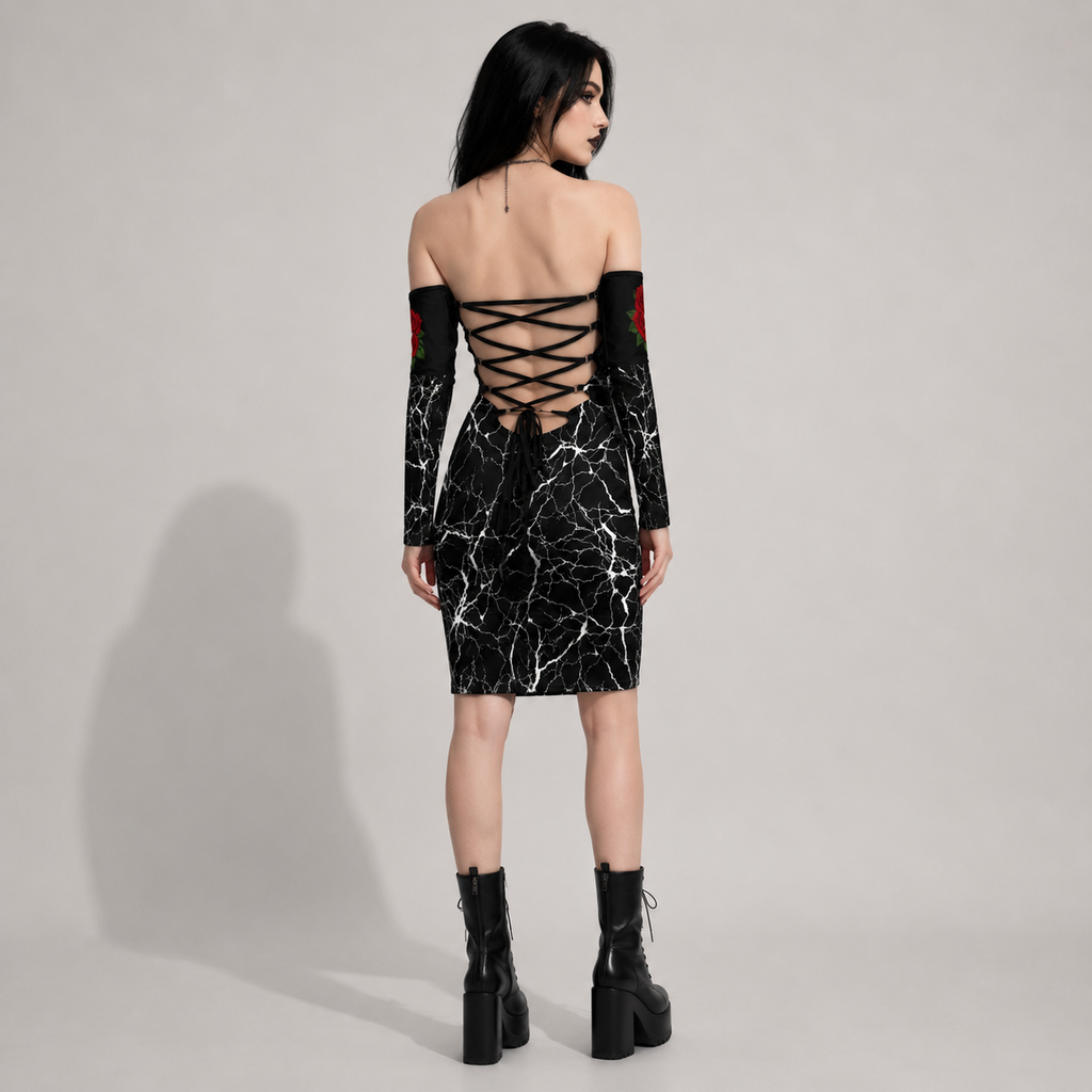 Gotisches Bodycon-Kleid Dark Marble Rose mit Schnürung | Gothic-Kleid mit schulterfreiem Schnitt und Schnürung am Rücken