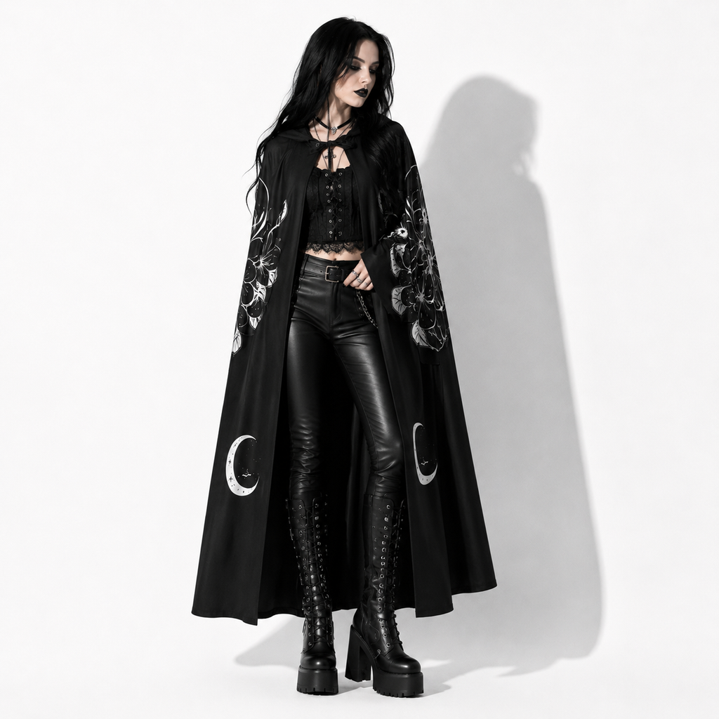 Gotischer Umhang mit Kapuze Moon Moth | Witchcore & Dark Academia Maxi-Mantel