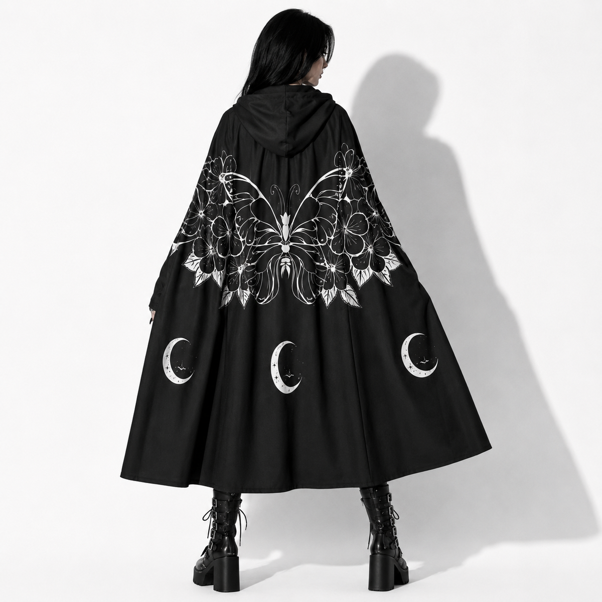 Gotischer Umhang mit Kapuze Moon Moth | Witchcore & Dark Academia Maxi-Mantel