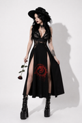 Gotisches Kleid Vampire Queen – Schwarzes Maxi-Kleid Dark Romance mit Spitze und Schlitzen