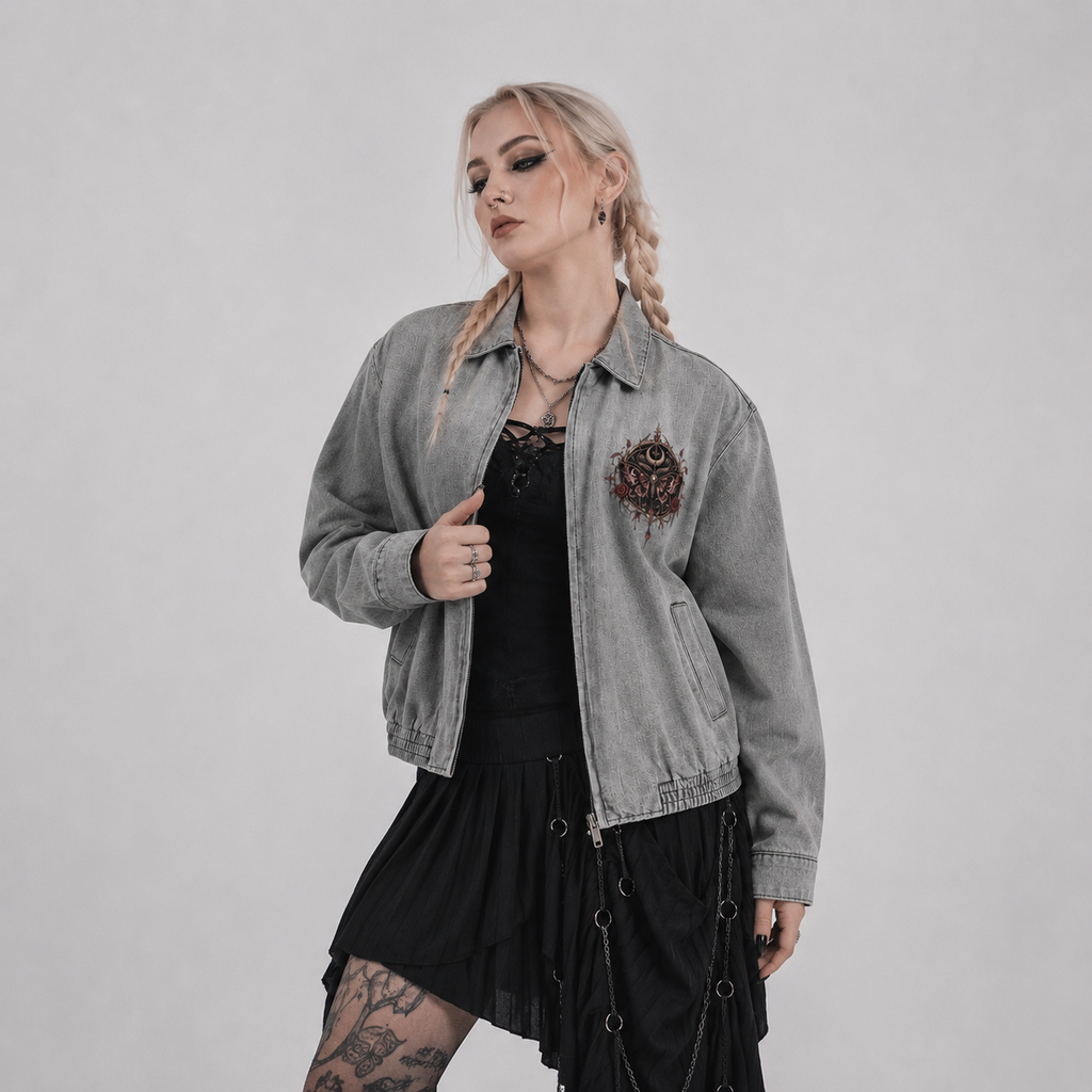 Gotische Unisex-Jeansjacke Wicca | Totenkopfschwärmer und Mond | Death Moth Ritual