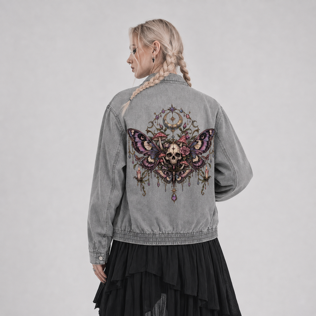 Gotische Unisex-Jeansjacke Wicca | Totenkopfschwärmer und Mond | Death Moth Ritual