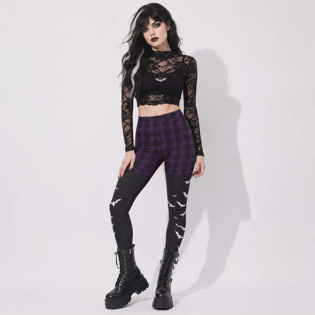 Gotische Damen-Leggings Witchcore | Lila Karomuster, Fledermäuse und Dark Academia