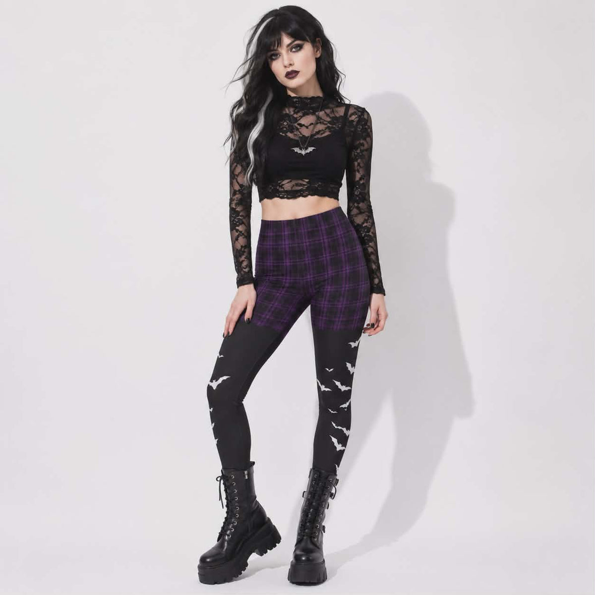 Gotische Damen-Leggings Witchcore | Lila Karomuster, Fledermäuse und Dark Academia