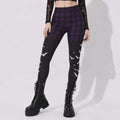 Gotische Damen-Leggings Witchcore | Lila Karomuster, Fledermäuse und Dark Academia