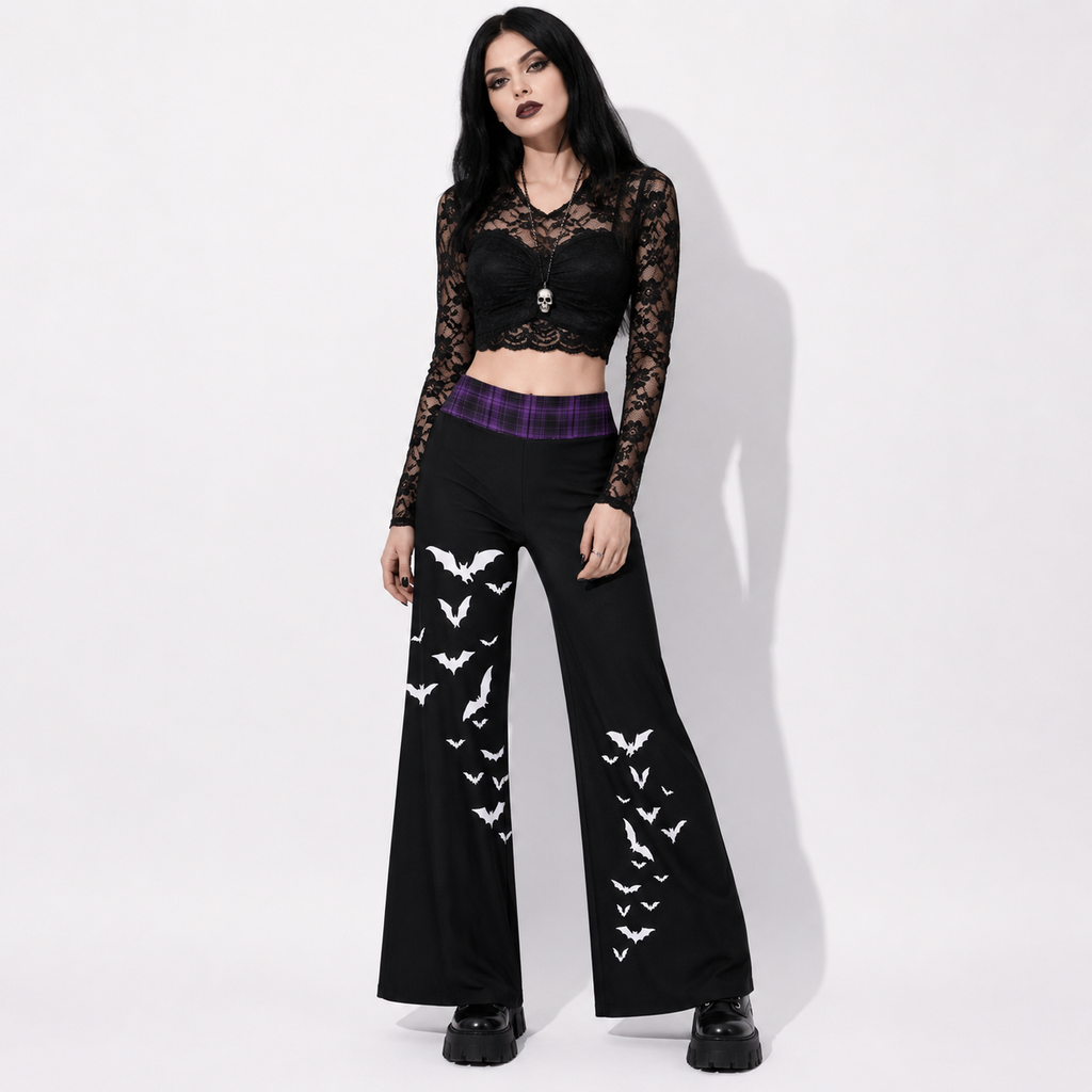 Gotische Damen-Hose mit weitem Bein | Witchcore Mond & Fledermäuse – Schwarze weite Alternativ-Hose