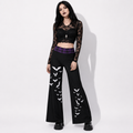 Gotische Damen-Hose mit weitem Bein | Witchcore Mond & Fledermäuse – Schwarze weite Alternativ-Hose