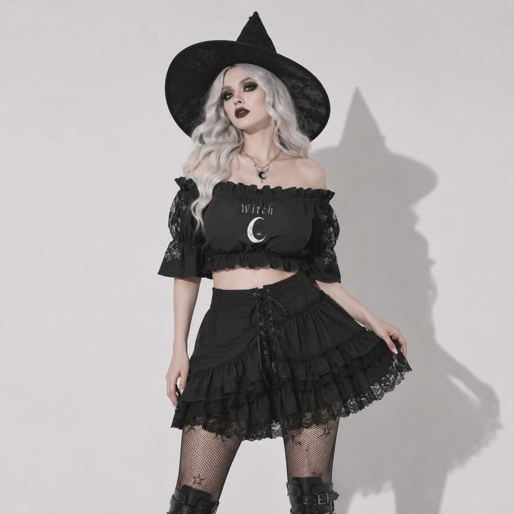 Gothic Crop Top Witch Moon | Dunkles Witchcore Off-Shoulder-Top mit Puffärmeln