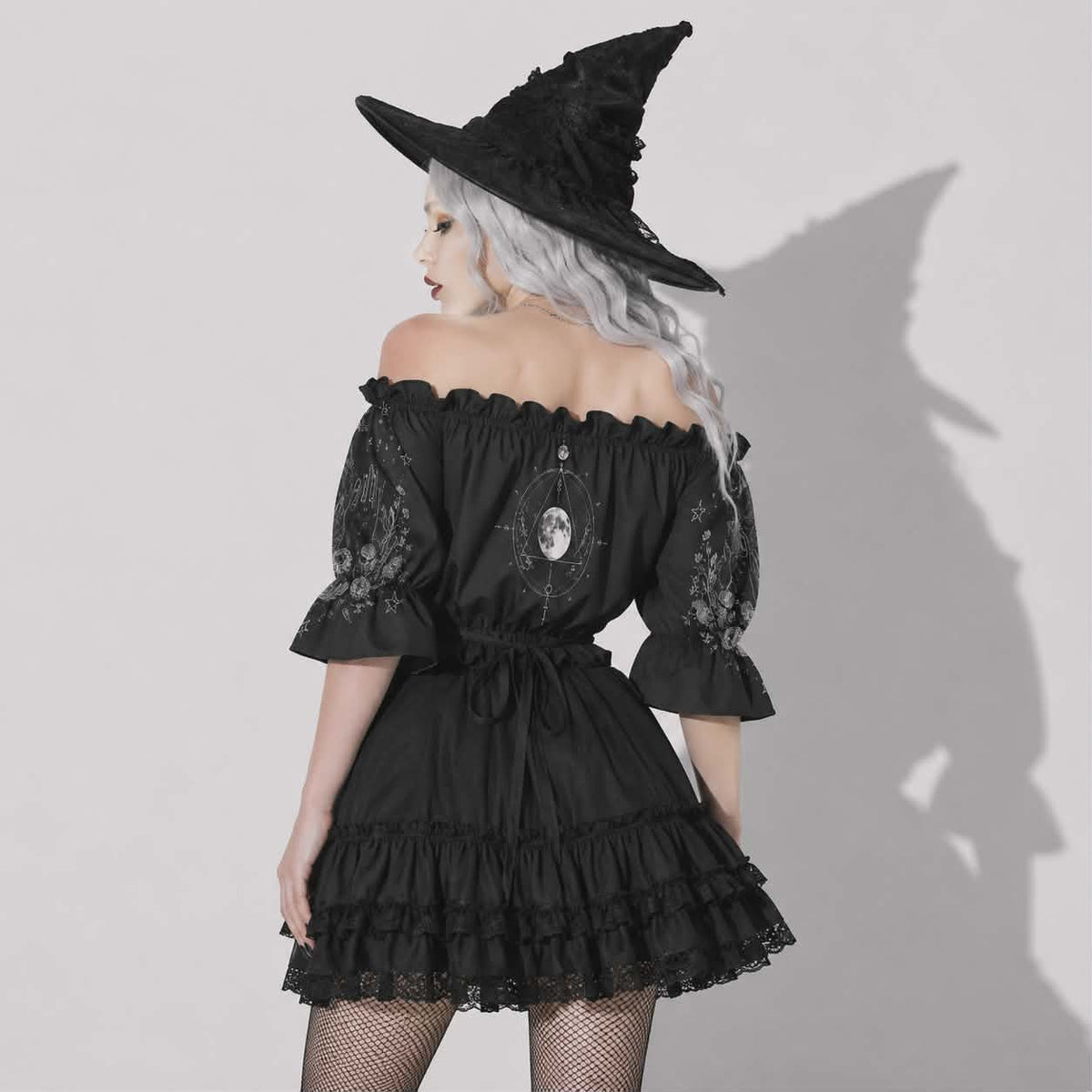Gothic Crop Top Witch Moon | Dunkles Witchcore Off-Shoulder-Top mit Puffärmeln