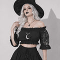 Gothic Crop Top Witch Moon | Dunkles Witchcore Off-Shoulder-Top mit Puffärmeln