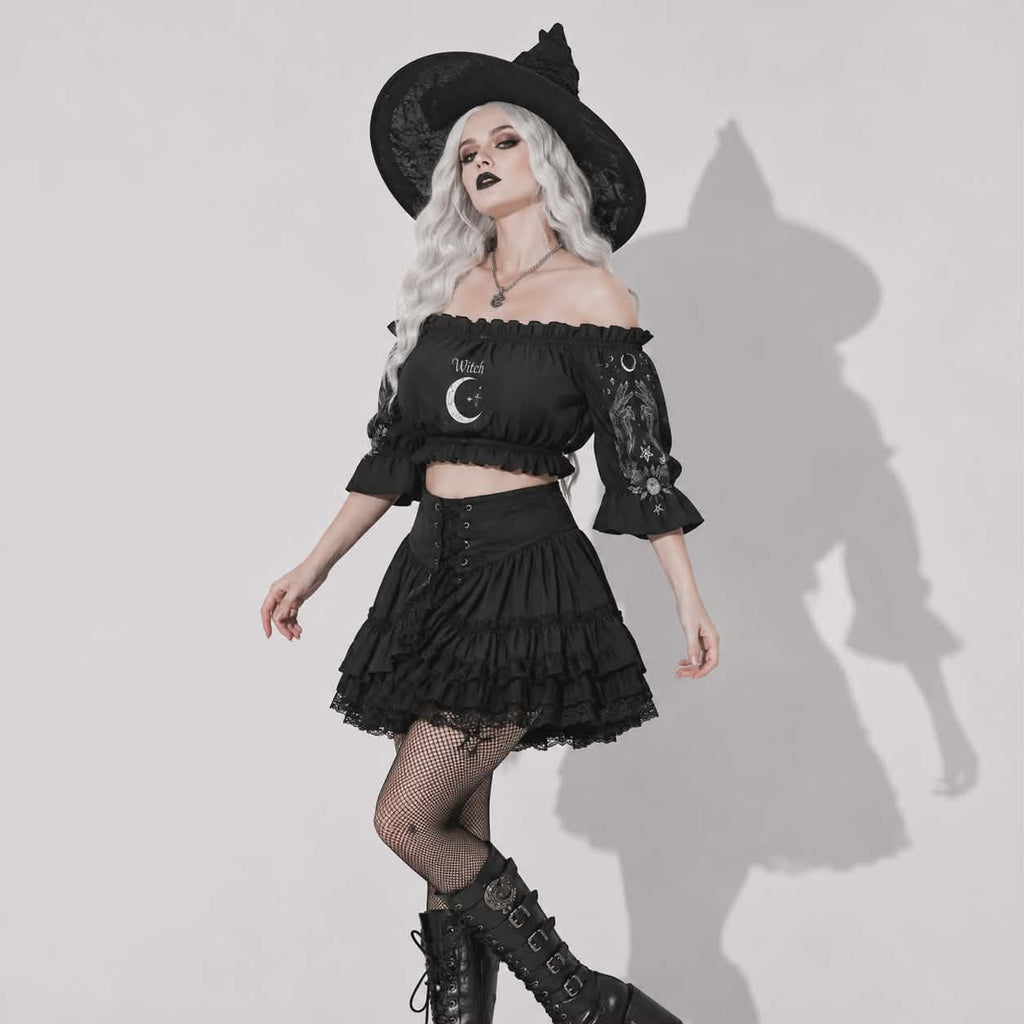 Gothic Crop Top Witch Moon | Dunkles Witchcore Off-Shoulder-Top mit Puffärmeln