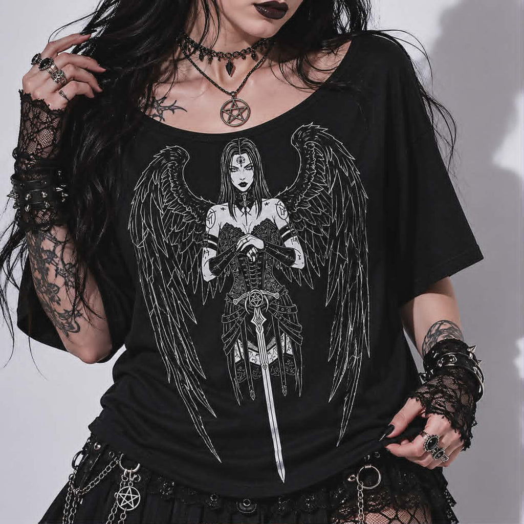 Gotisches Damen-T-Shirt Dark Angel | Okkulter gefallener Engel lockerer Schnitt | Gothic-Oberteil mit U-Boot-Ausschnitt und 3/4-Arm