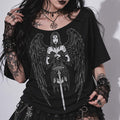Gotisches Damen-T-Shirt Dark Angel | Okkulter gefallener Engel lockerer Schnitt | Gothic-Oberteil mit U-Boot-Ausschnitt und 3/4-Arm