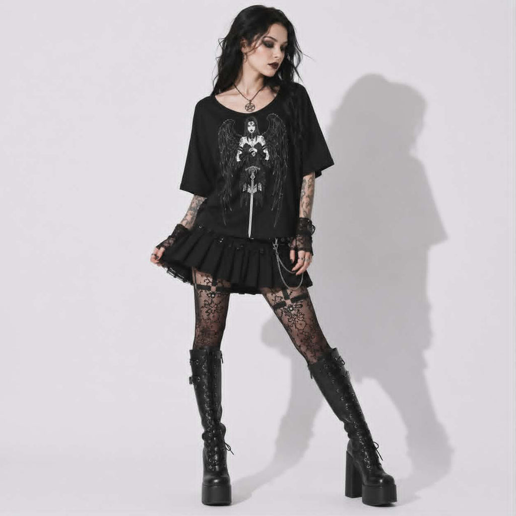 Gotisches Damen-T-Shirt Dark Angel | Okkulter gefallener Engel lockerer Schnitt | Gothic-Oberteil mit U-Boot-Ausschnitt und 3/4-Arm