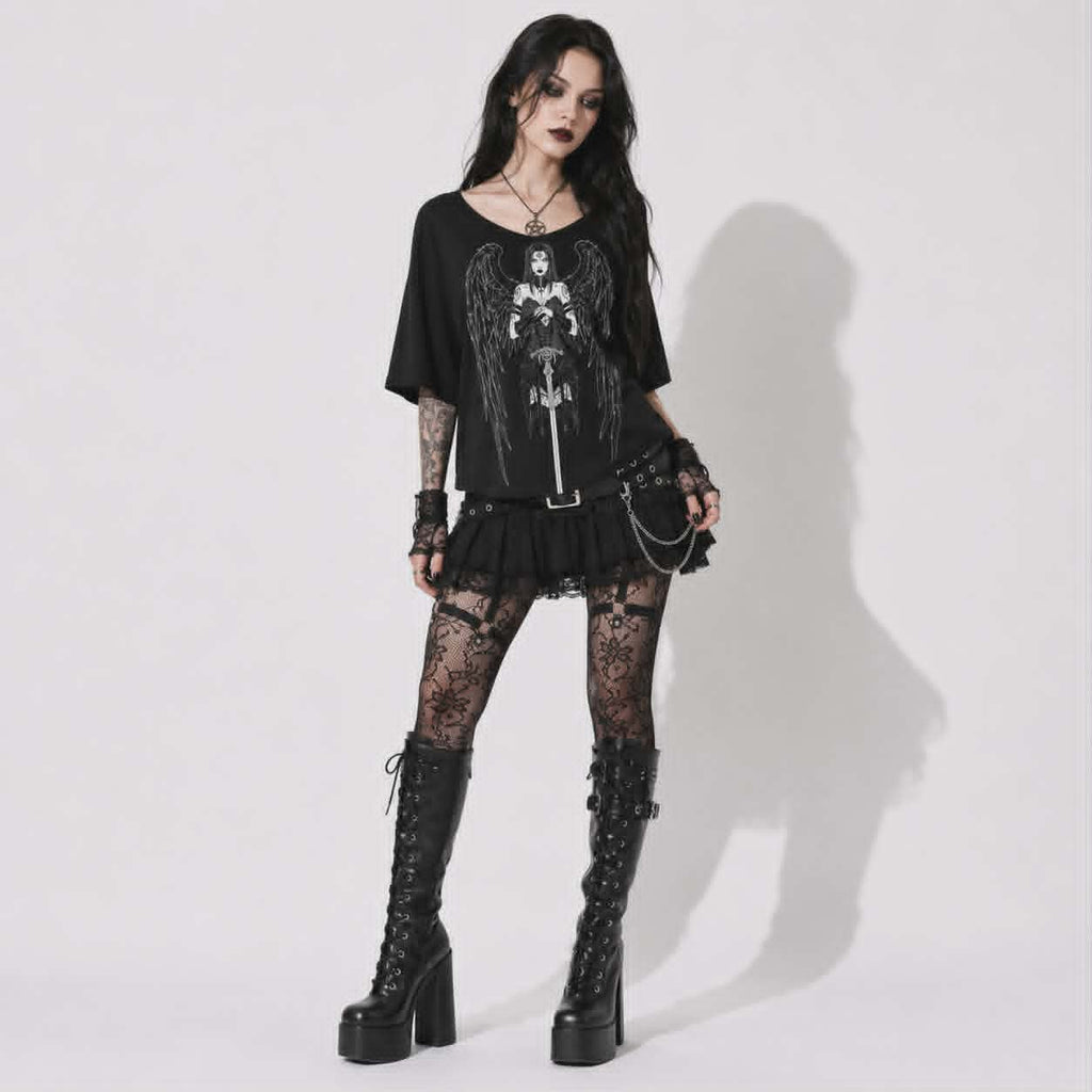 Gotisches Damen-T-Shirt Dark Angel | Okkulter gefallener Engel lockerer Schnitt | Gothic-Oberteil mit U-Boot-Ausschnitt und 3/4-Arm