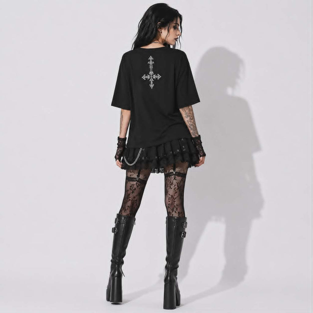 Gotisches Damen-T-Shirt Dark Angel | Okkulter gefallener Engel lockerer Schnitt | Gothic-Oberteil mit U-Boot-Ausschnitt und 3/4-Arm