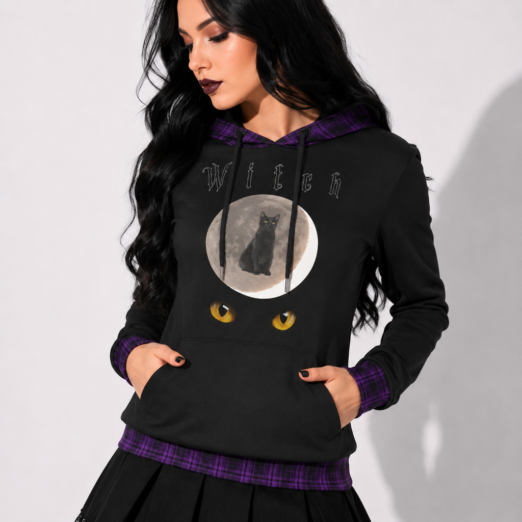Gotisches Damen-Sweatshirt Witch Cat | Dunkler Witchcore-Pullover mit Katze | Baumwollmischgewebe-Kapuzenpullover
