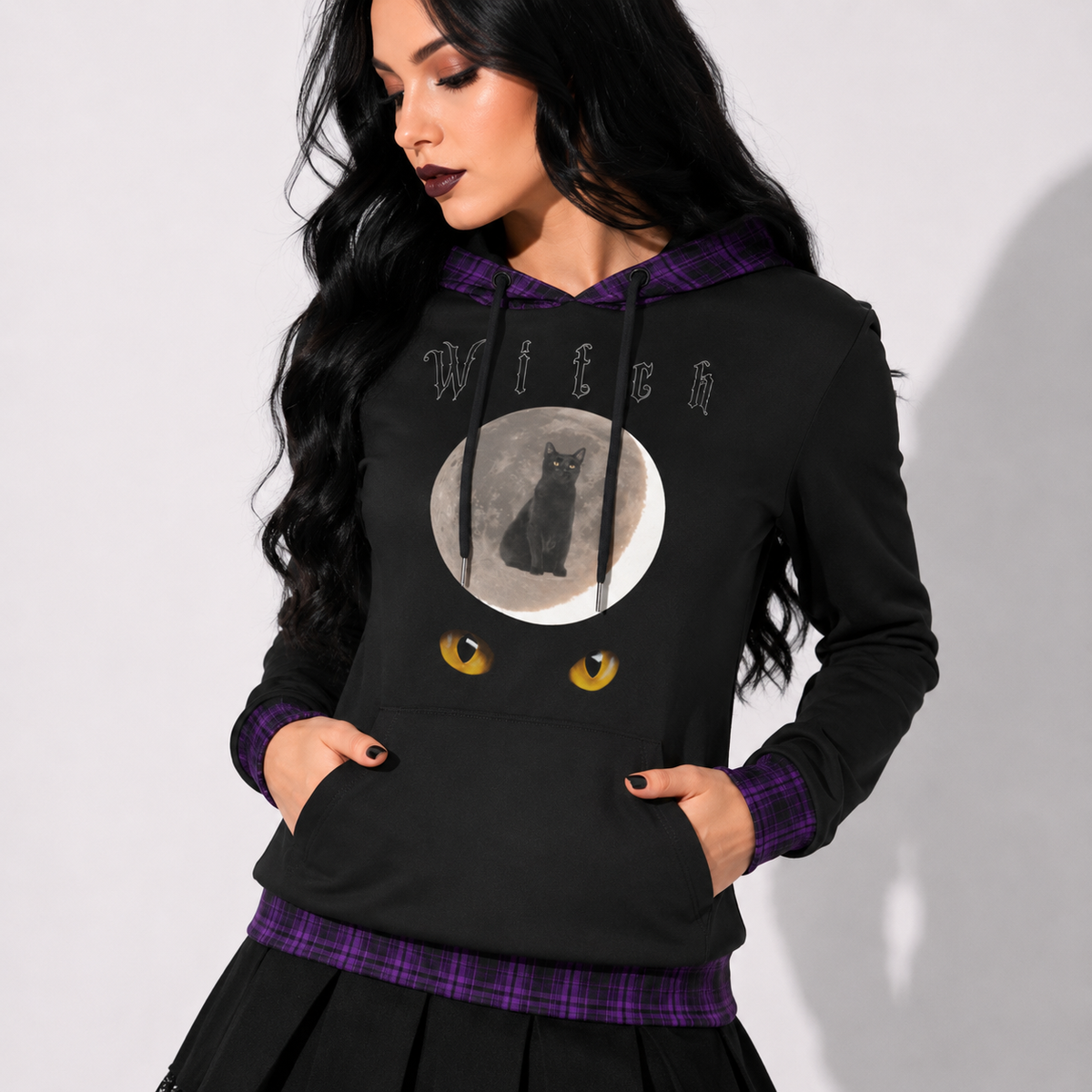 Gotisches Damen-Sweatshirt Witch Cat | Dunkler Witchcore-Pullover mit Katze | Baumwollmischgewebe-Kapuzenpullover