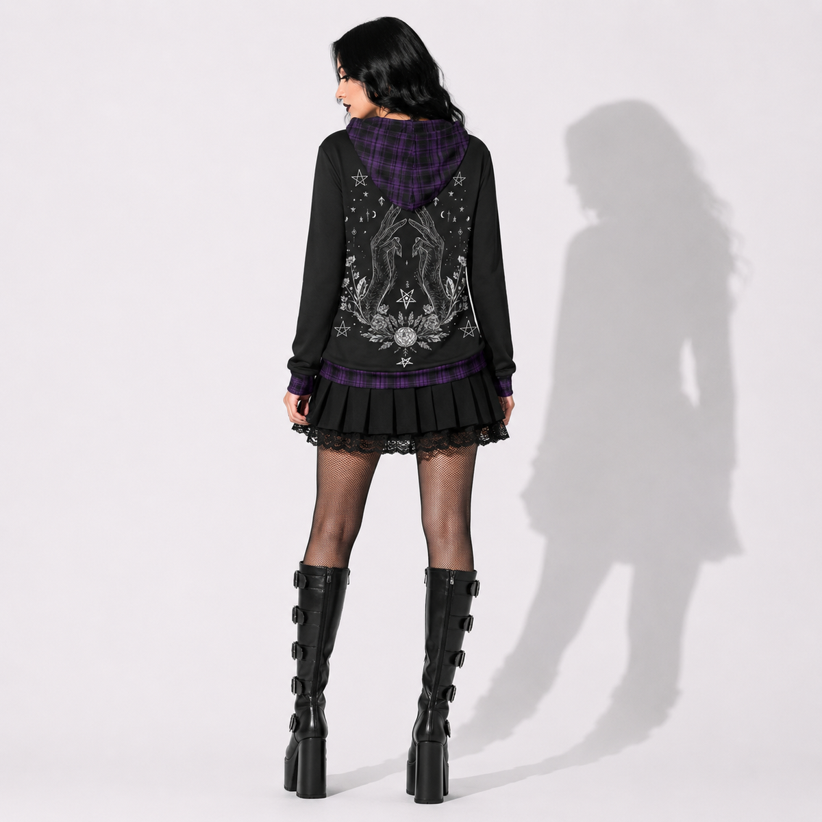 Gotisches Damen-Sweatshirt Witch Cat | Dunkler Witchcore-Pullover mit Katze | Baumwollmischgewebe-Kapuzenpullover