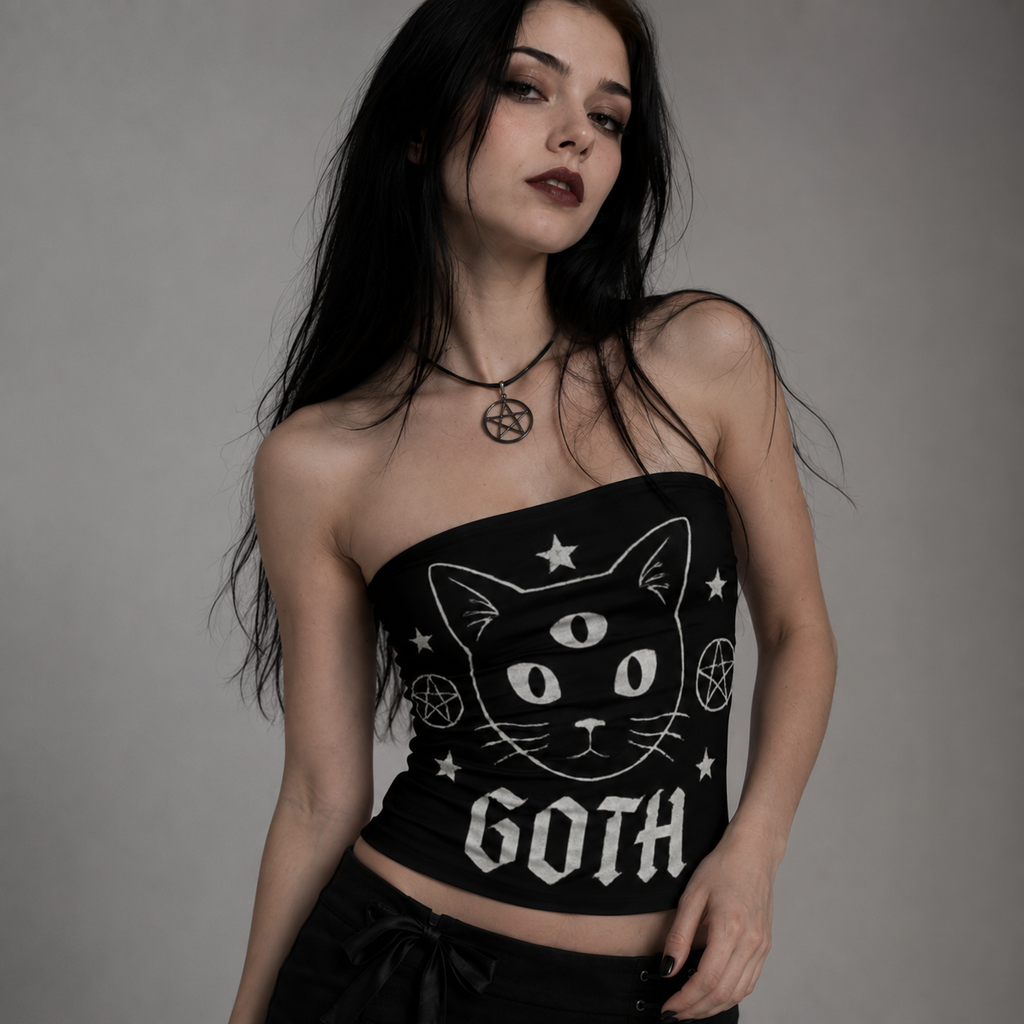 Gotisches ärmelloses Crop-Top | Occult Cat Familiar Bandeau-Top | Gothicana Nocturne