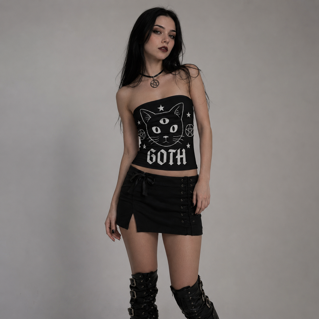 Gotisches ärmelloses Crop-Top | Occult Cat Familiar Bandeau-Top | Gothicana Nocturne