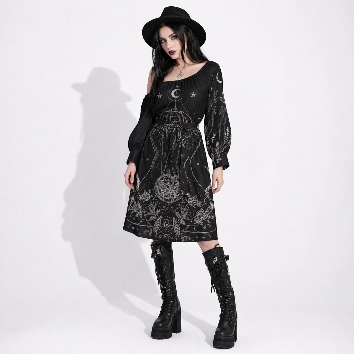 Gotisches Wicca-Kleid Sacred Geometry – Mondsymbole und magische Hände | Occult Witch Dress