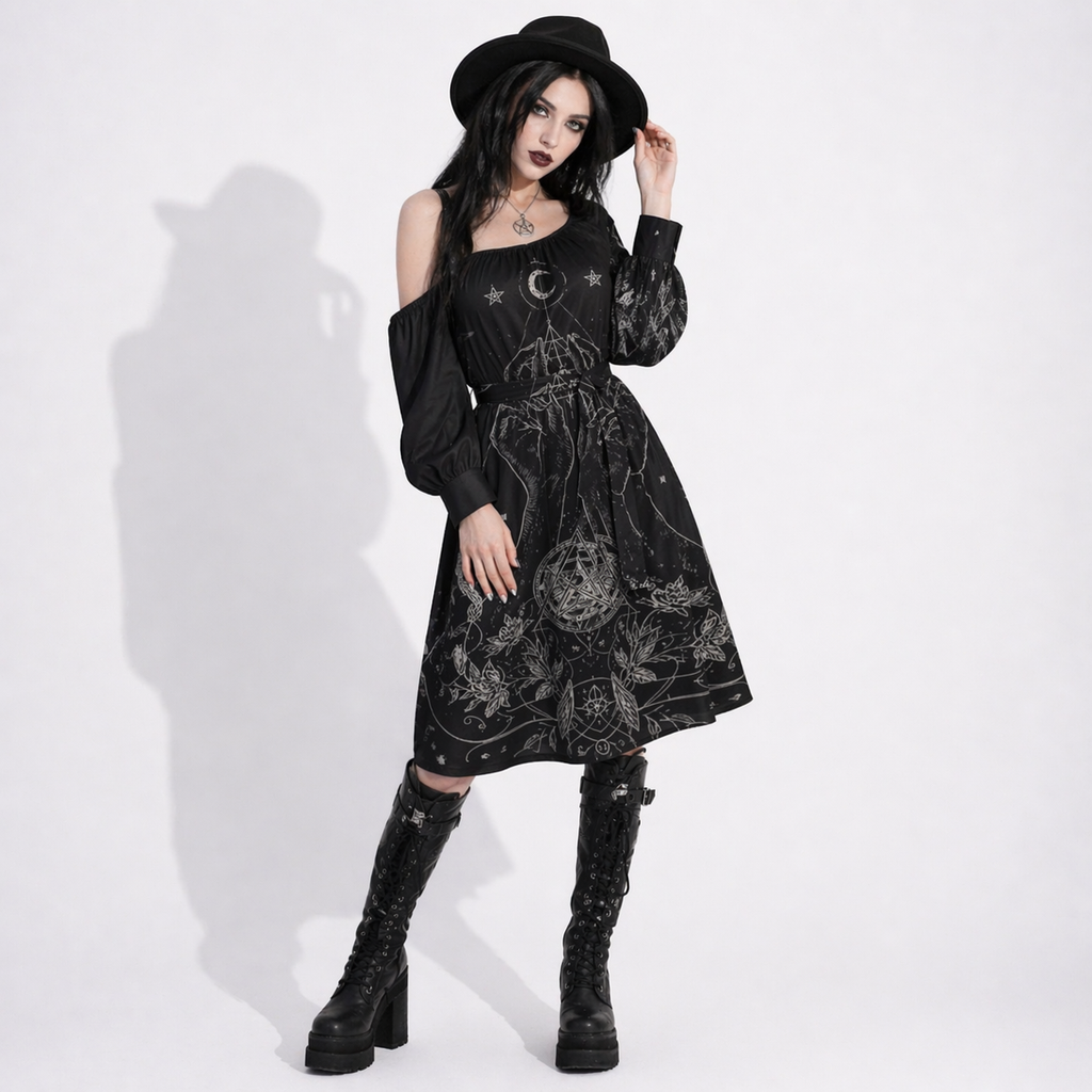 Gotisches Wicca-Kleid Sacred Geometry – Mondsymbole und magische Hände | Occult Witch Dress