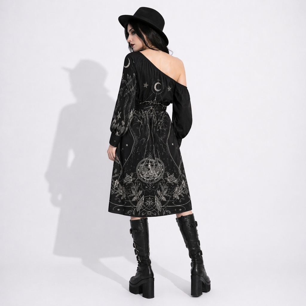 Gotisches Wicca-Kleid Sacred Geometry – Mondsymbole und magische Hände | Occult Witch Dress