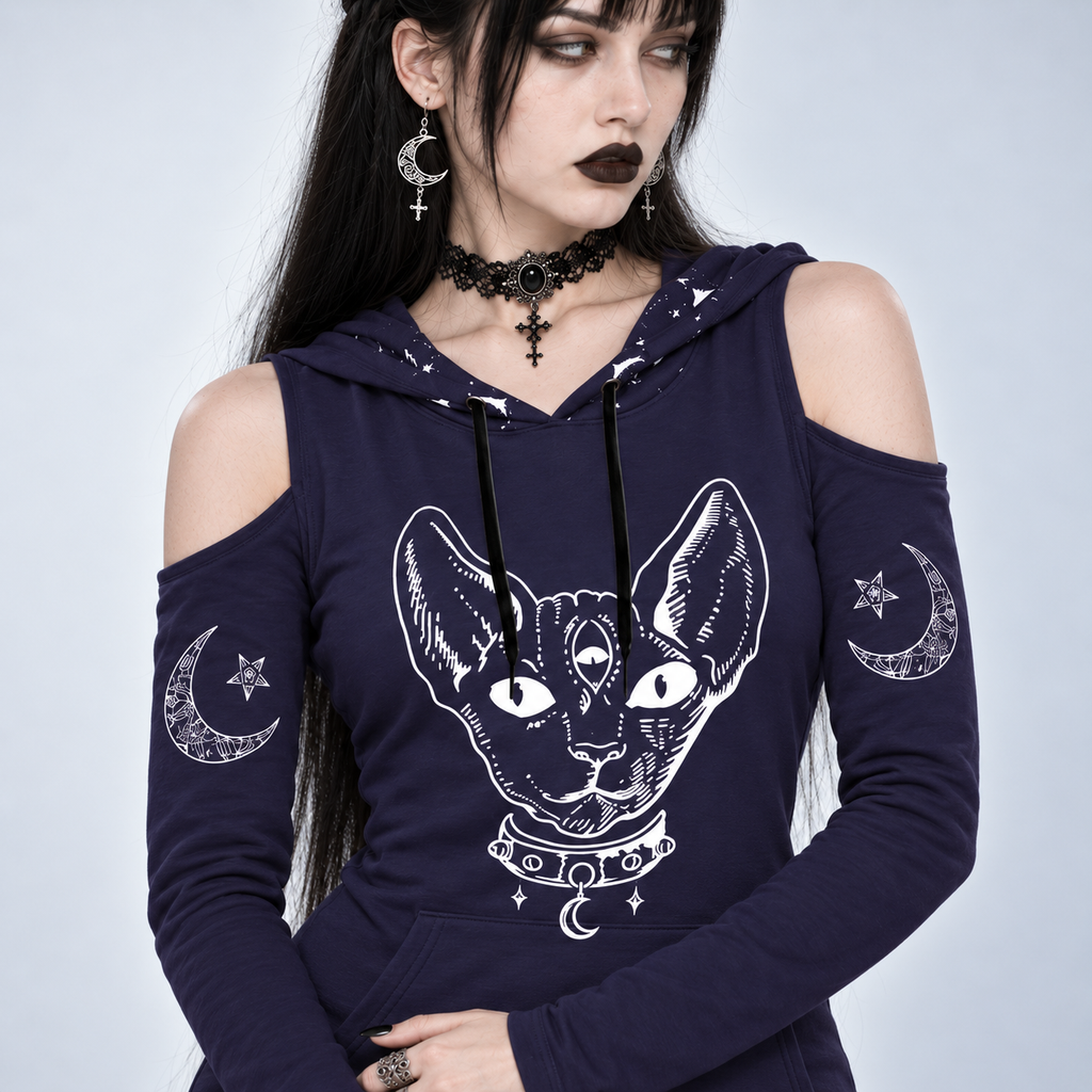Gotisches Kleid mit Kapuze und schulterfrei | Okkultes Katzensiegel | 230 GSM