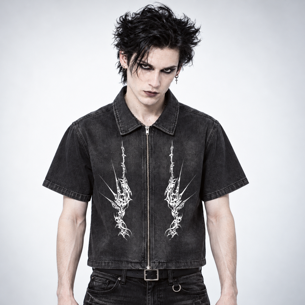 Herren Gothic Grunge Denimhemd mit Reißverschluss | NIGHTCRAWLER – Washed Black 285 GSM