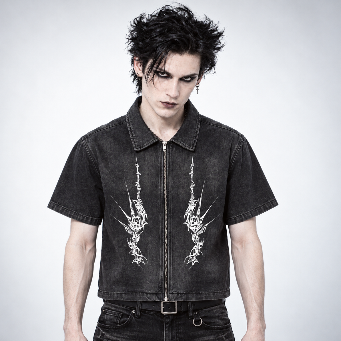 Herren Gothic Grunge Denimhemd mit Reißverschluss | NIGHTCRAWLER – Washed Black 285 GSM