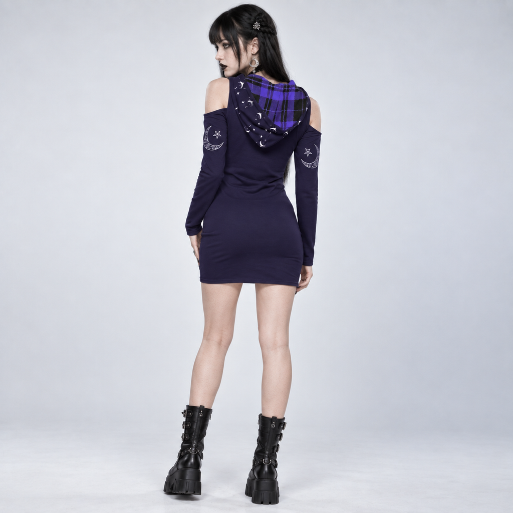Gotisches Kleid mit Kapuze und schulterfrei | Okkultes Katzensiegel | 230 GSM