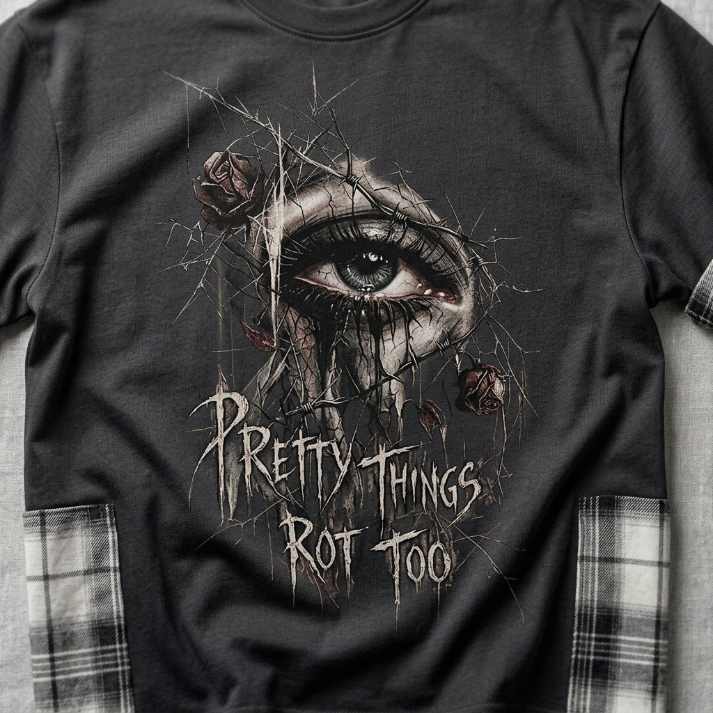 Grunge Goth Unisex-T-Shirt mit Karomuster | Pretty Things Rot Too | Gothic Streetwear