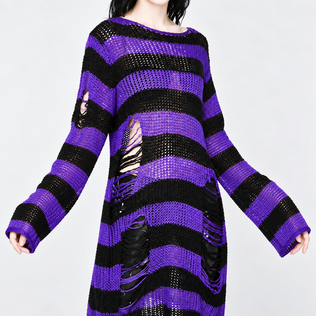 Damen Grunge Goth Oversize Pullover | Purple Witch Distressed Strick