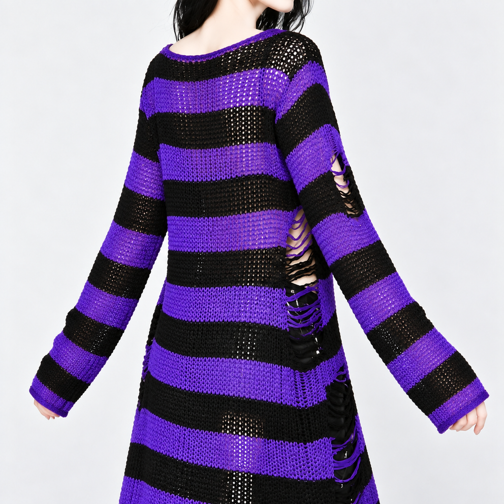Damen Grunge Goth Oversize Pullover | Purple Witch Distressed Strick
