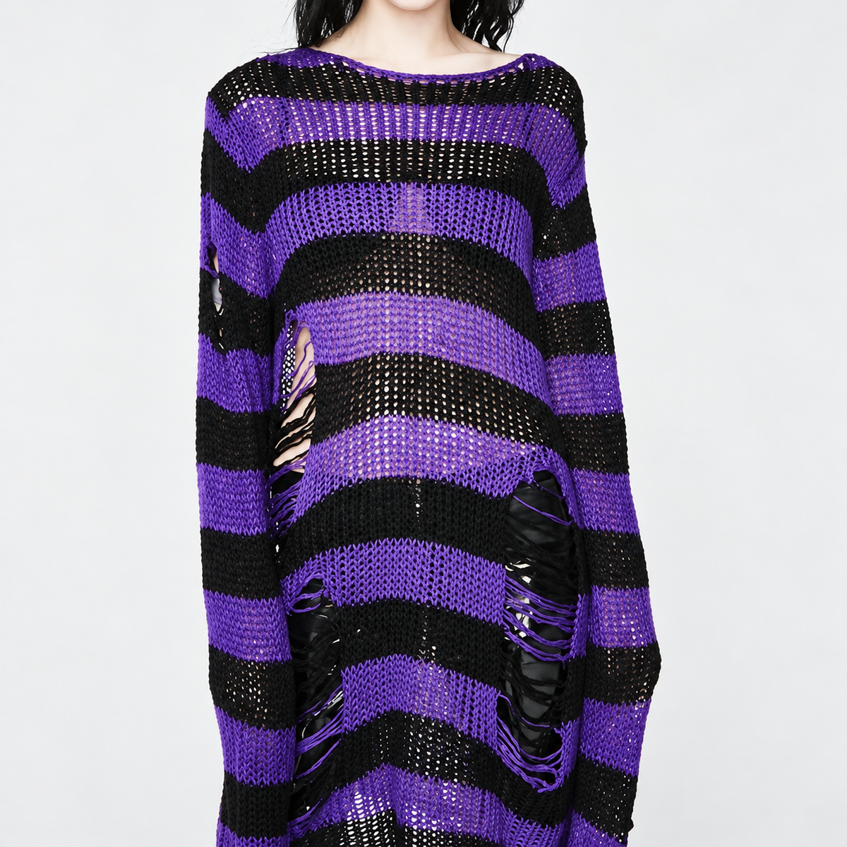 Damen Grunge Goth Oversize Pullover | Purple Witch Distressed Strick