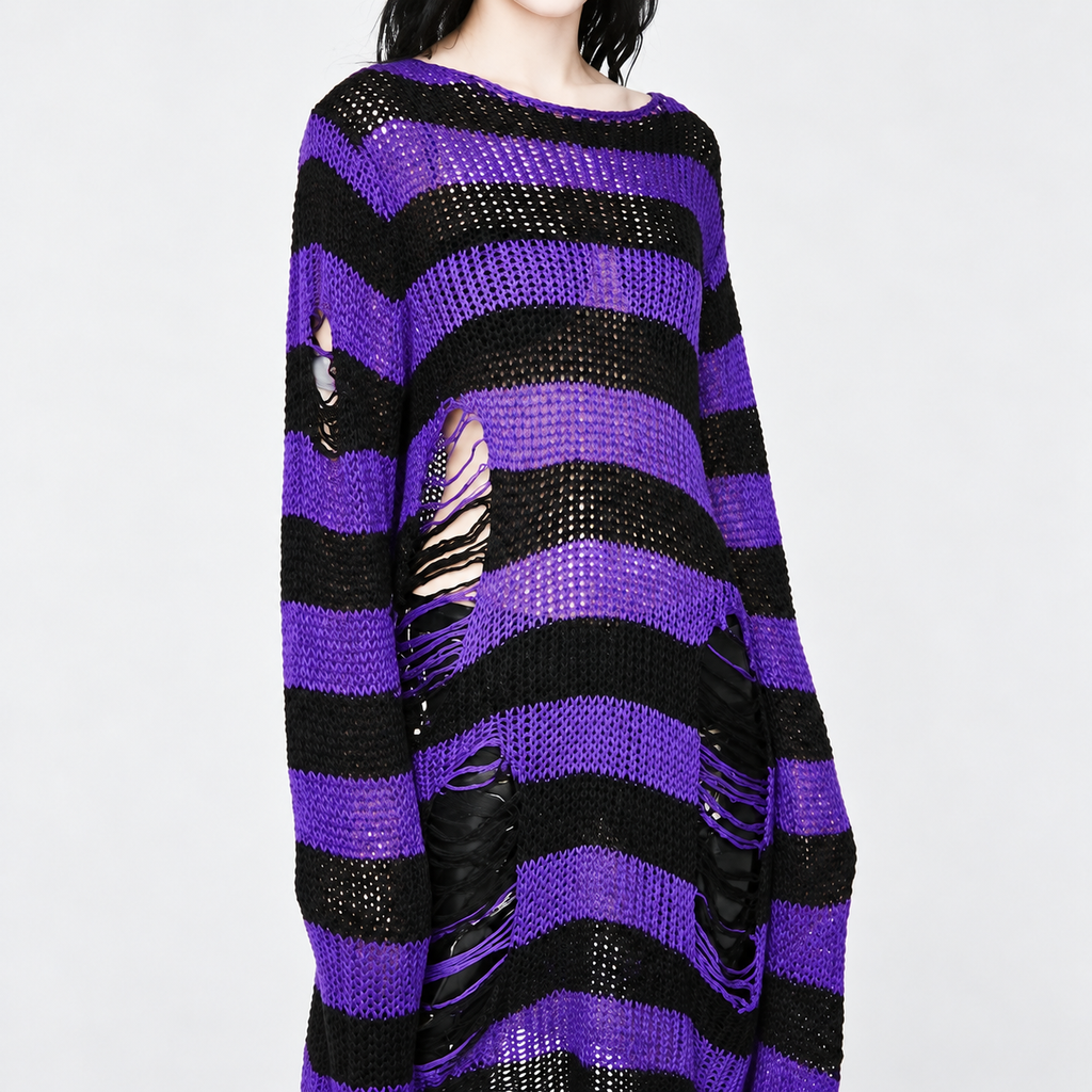 Damen Grunge Goth Oversize Pullover | Purple Witch Distressed Strick