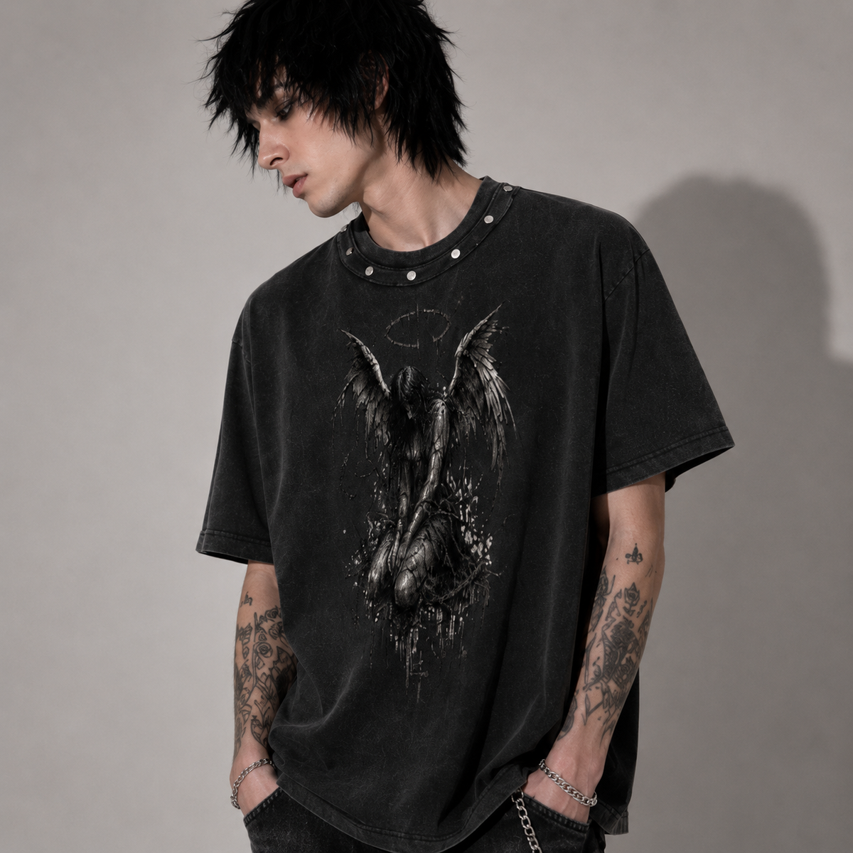 Grunge Angel Oversize Vintage Washed T-Shirt | 100% Baumwolle 285 GSM | Unisex