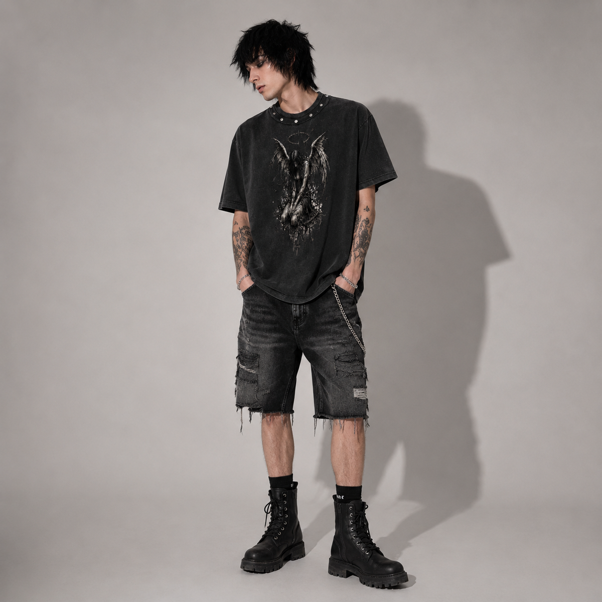 Grunge Angel Oversize Vintage Washed T-Shirt | 100% Baumwolle 285 GSM | Unisex