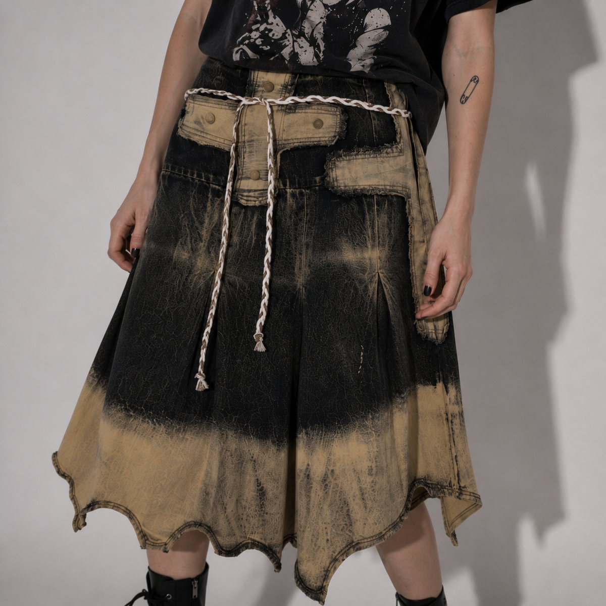 Grunge Y2K Jeansrock Vintage-Waschung mit Taschen | Alternative Midi-Jeansrock