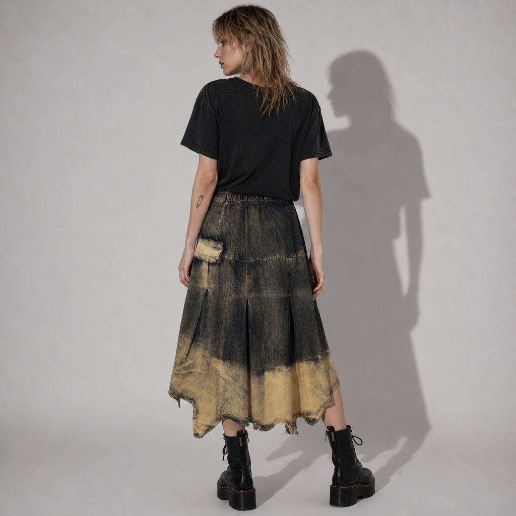 Grunge Y2K Jeansrock Vintage-Waschung mit Taschen | Alternative Midi-Jeansrock