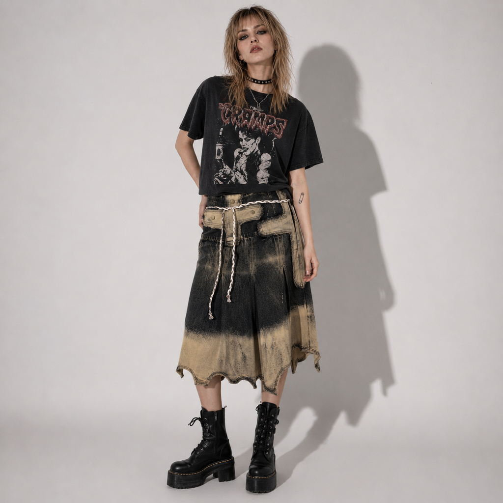 Grunge Y2K Jeansrock Vintage-Waschung mit Taschen | Alternative Midi-Jeansrock