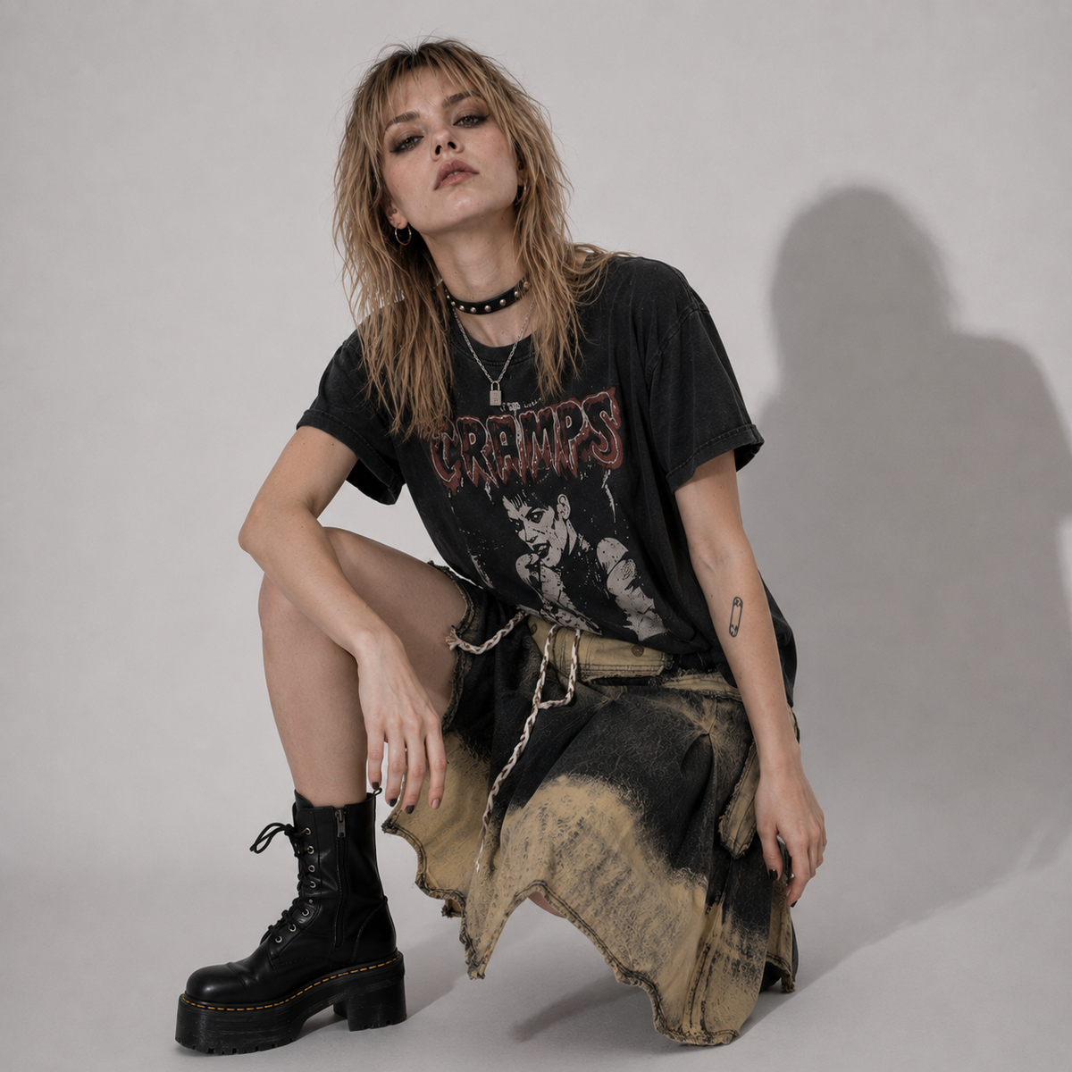Grunge Y2K Jeansrock Vintage-Waschung mit Taschen | Alternative Midi-Jeansrock